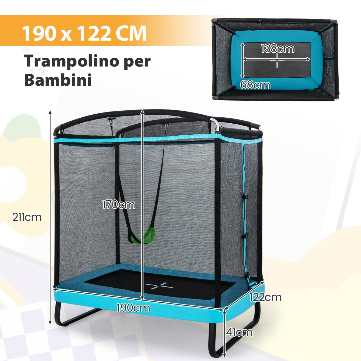 Trampolino rettangolare per bambini con altalena rete di sicurezza, Trampolino elastico da esterno da 190cm Blu-Trampolini