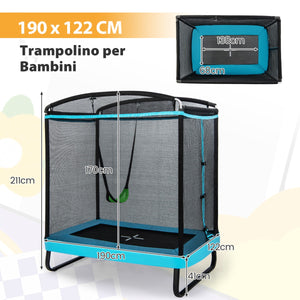 Trampolino rettangolare per bambini con altalena rete di sicurezza, Trampolino elastico da esterno da 190cm Blu-Trampolini