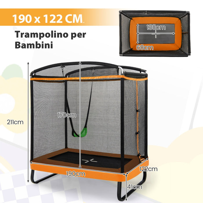 Trampolino rettangolare per bambini con altalena rete di sicurezza, Trampolino elastico da esterno da 190cm Arancione-Trampolini