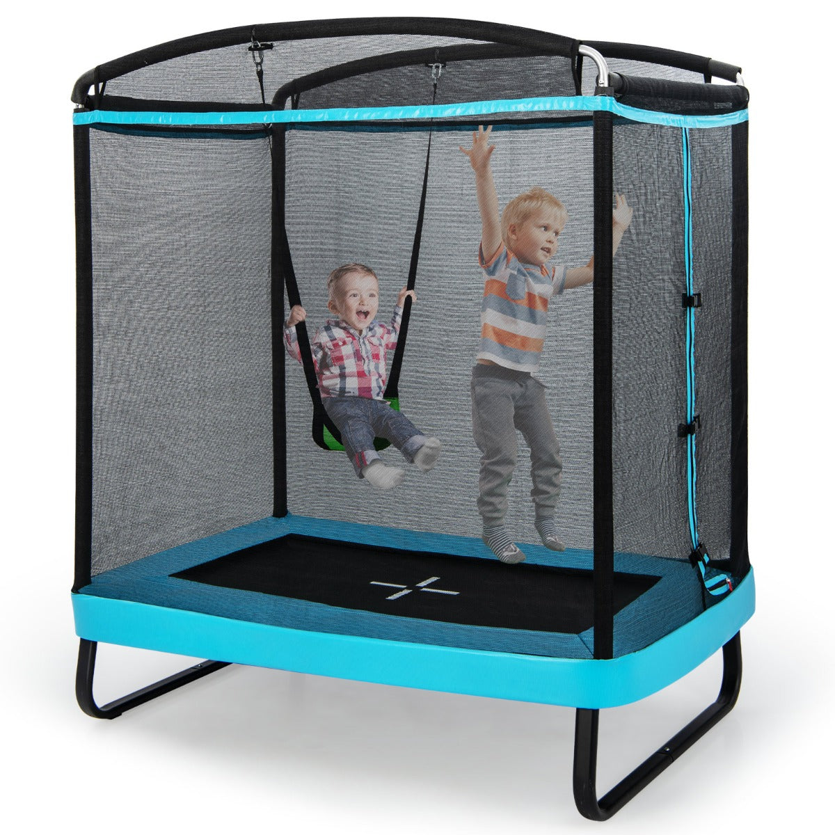 Trampolino rettangolare per bambini con altalena rete di sicurezza, Trampolino elastico da esterno da 190cm Blu-Trampolini