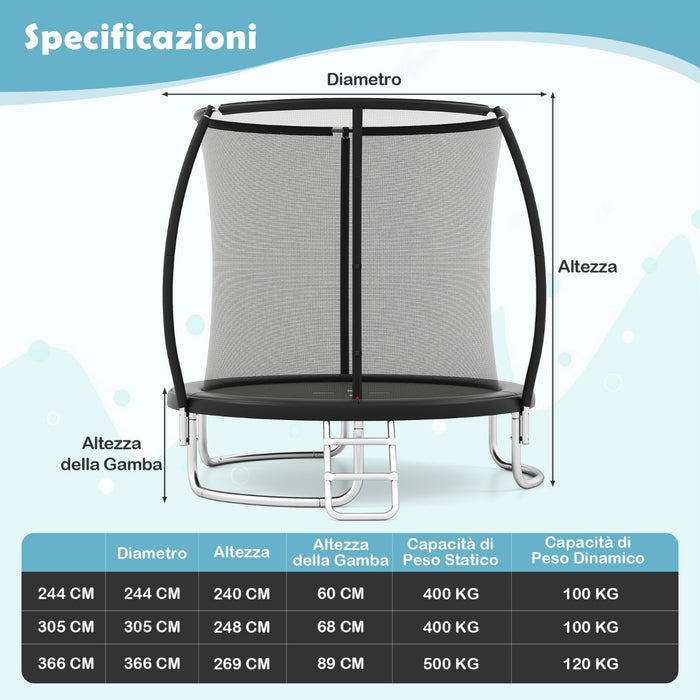 Trampolino ricreativo pesante con rete di sicurezza per bambini e adulti, Trampolino da esterno 244 cm in acciaio zincato antiruggine Nero-Trampolini