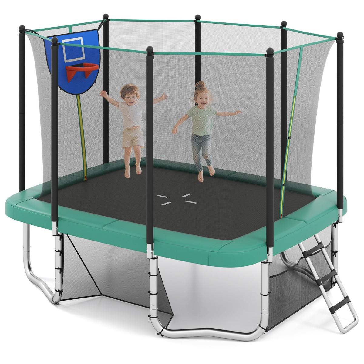 Trampolino robusto con canestro da basket porta da calcio scala antiscivolo, Trampolino rettangolare per esterno per bambini Verde-Trampolini