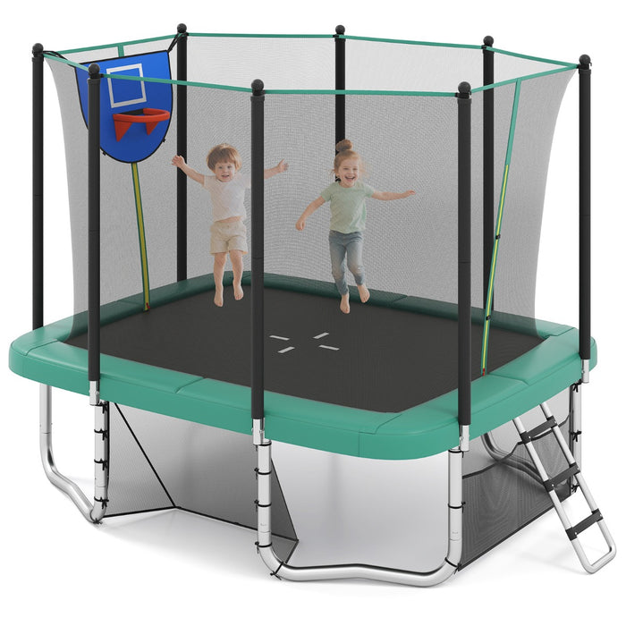 Trampolino robusto con canestro da basket porta da calcio scala antiscivolo, Trampolino rettangolare per esterno per bambini Verde-Trampolini