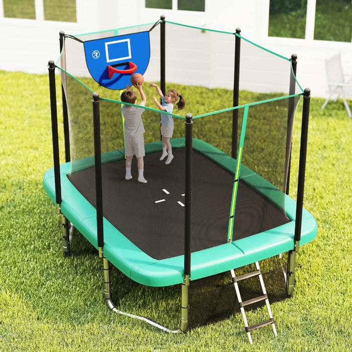 Trampolino robusto con canestro da basket porta da calcio scala antiscivolo, Trampolino rettangolare per esterno per bambini Verde-Trampolini