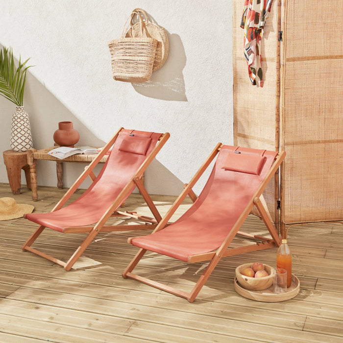 Set di 2 sedie sdraio in legno con cusino poggiatesta, terracotta
