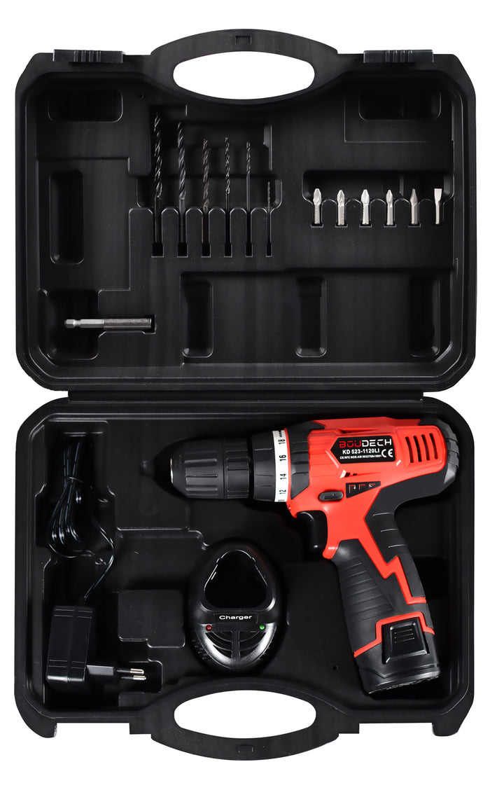 Trapano avvitatore a batteria a litio 12v cordless con valigetta ed accessori