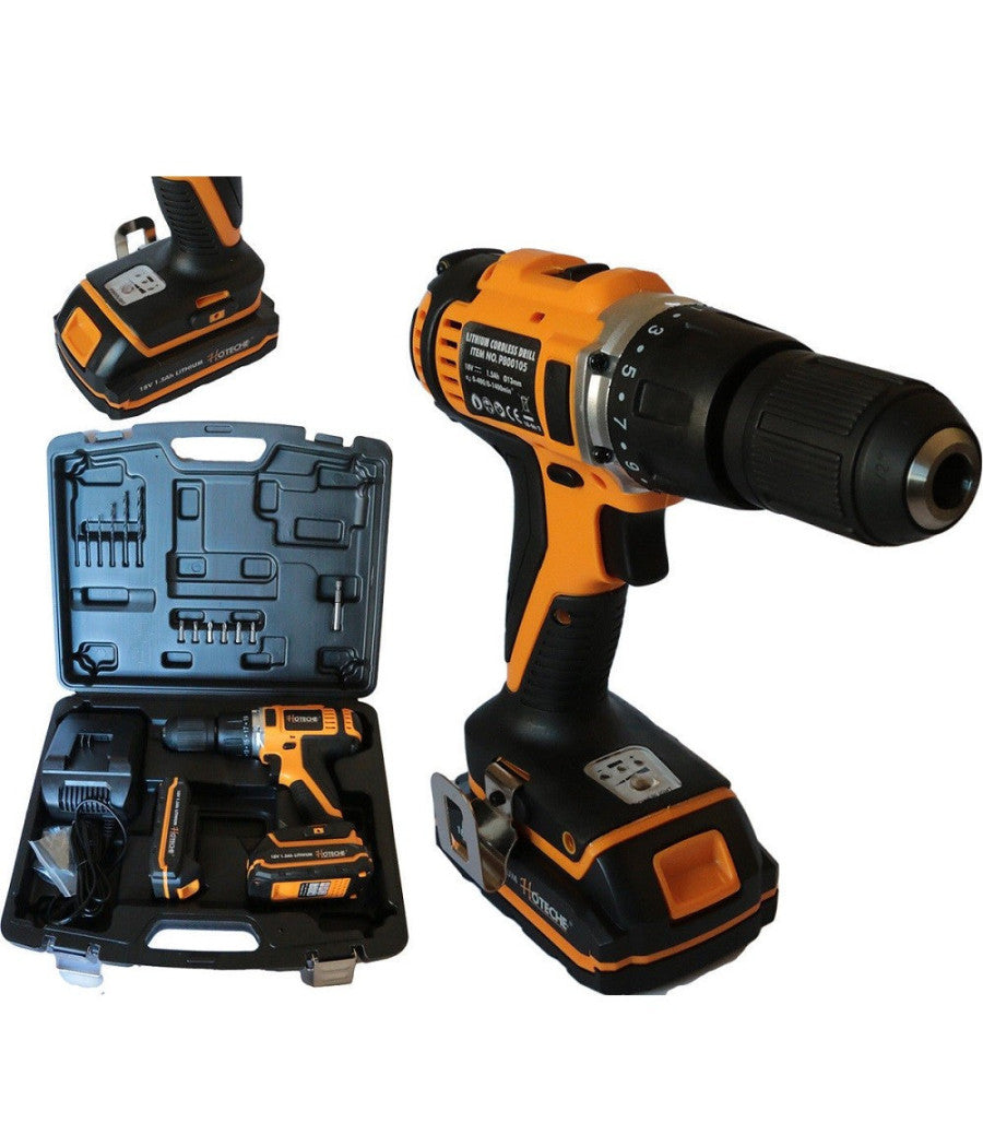 Trapano Avvitatore Percussione 2 Batterie Litio 18v 1.5a + Valigia + Accessori         