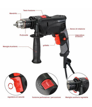 Trapano Elettrico A Percussione 710w Velocita Regolabile 3000rpm Mandrino 13 Mm         
