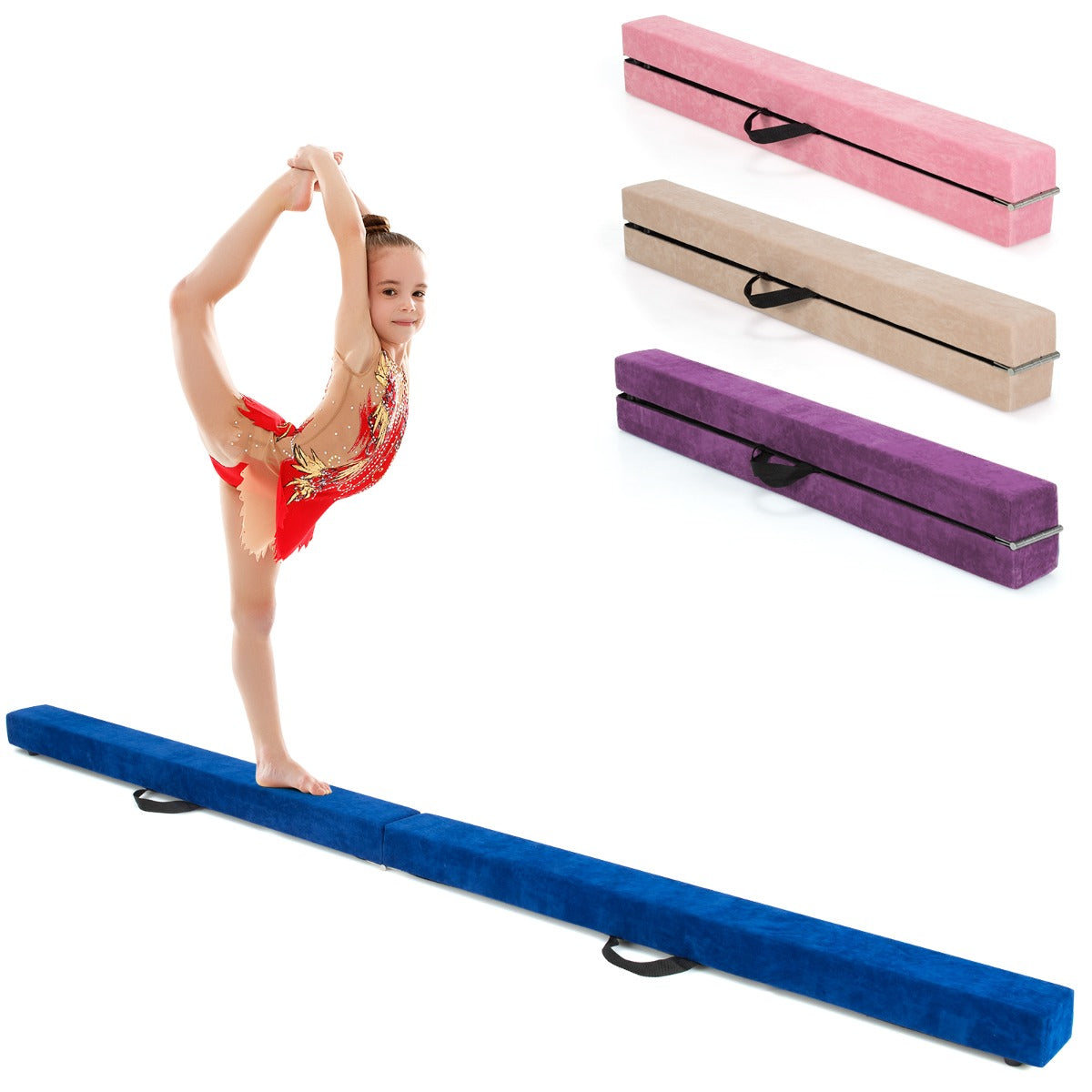 Trave 210 cm pieghevole da ginnastica con solida base di legno, Trave di equilibrio portatile con maniglie Blu-Sbarre e travi da ginnastica