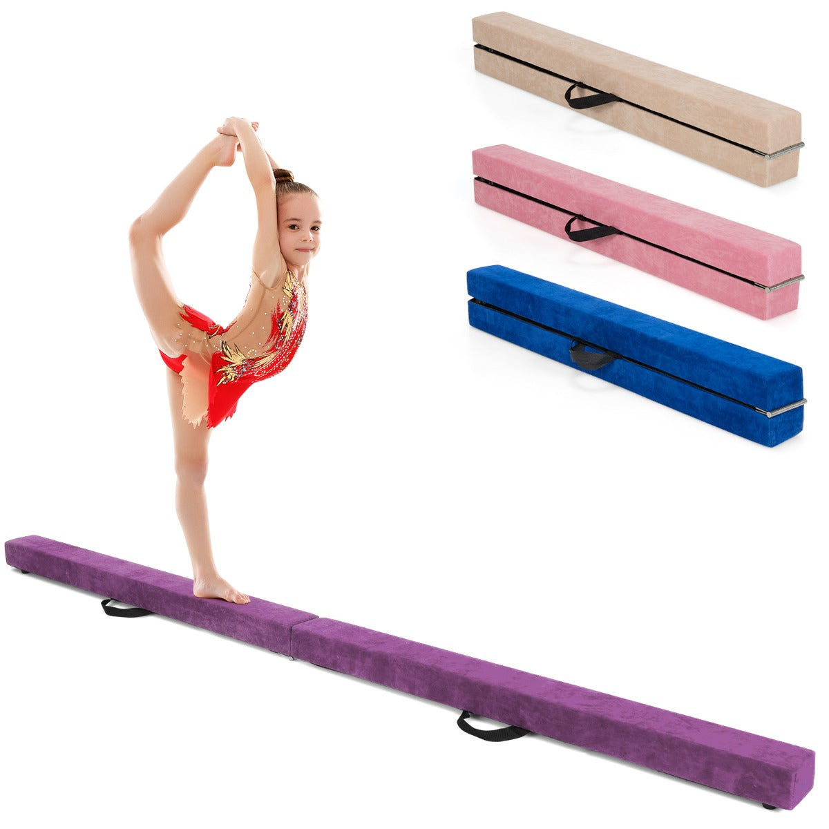 Trave 210 cm pieghevole da ginnastica con solida base di legno, Trave di equilibrio portatile con maniglie Viola-Sbarre e travi da ginnastica