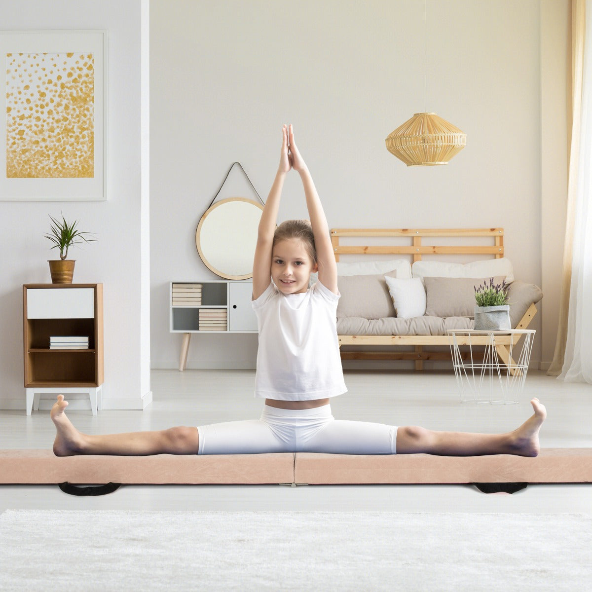 Trave da equilibrio pieghevole in schiuma per bambini adolescenti, Trave ginnastica a pavimento con maniglia Marrone-Tappetini ginnastica e yoga