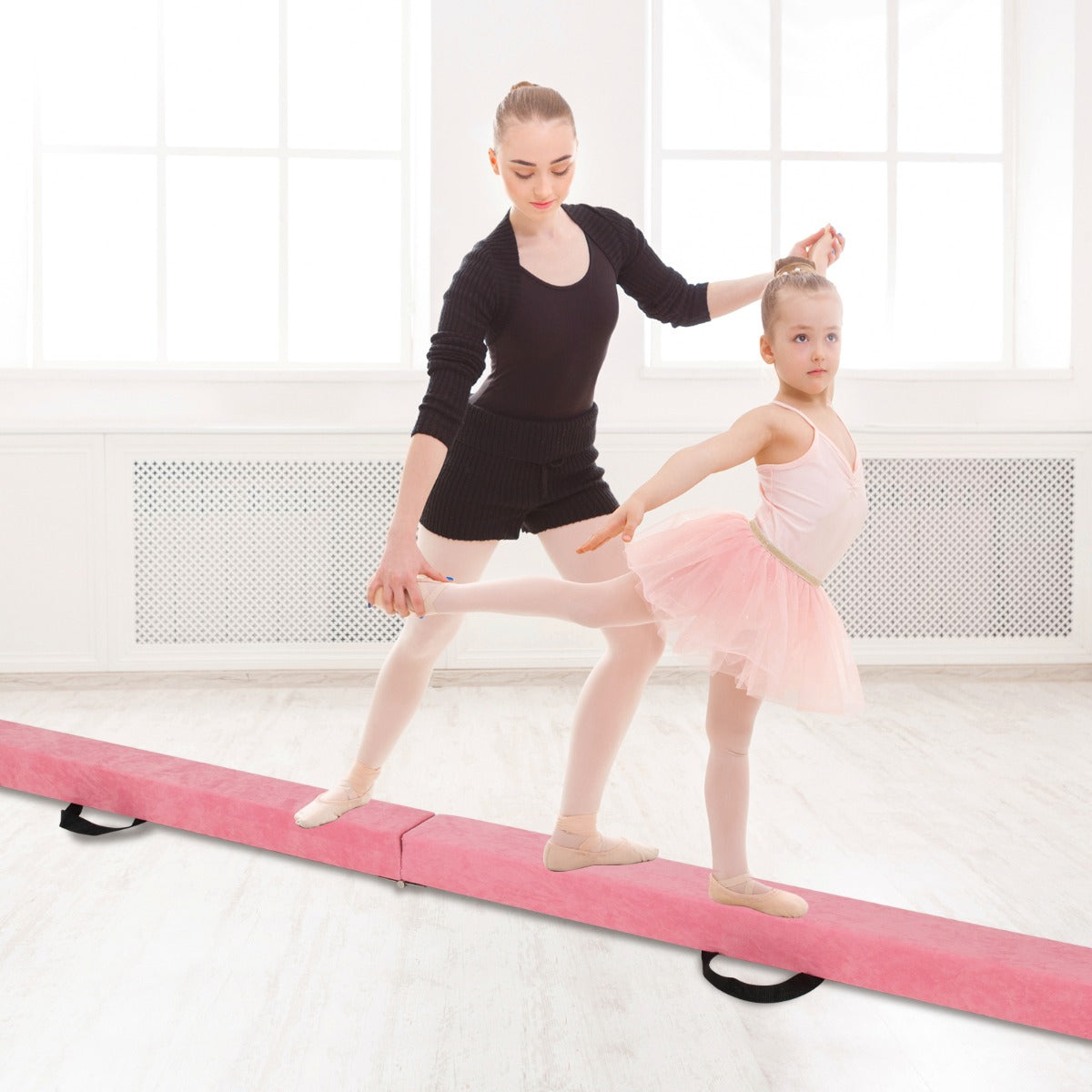 Trave da equilibrio pieghevole in schiuma per bambini adolescenti, Trave ginnastica a pavimento con maniglia Rosa-Tappetini ginnastica e yoga