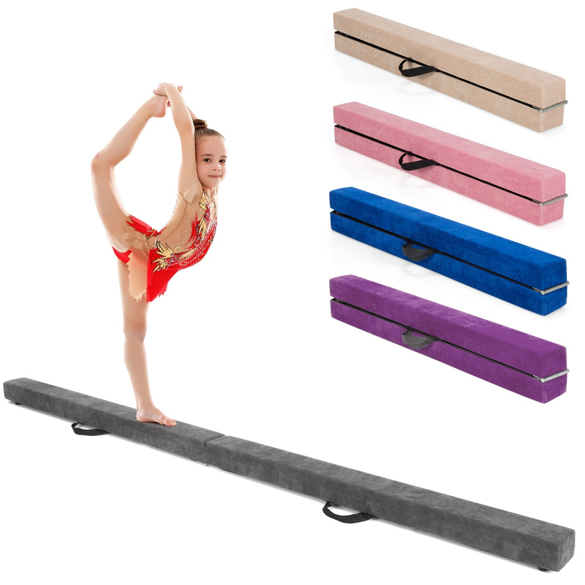 Trave da ginnastica pieghevole 210 cm con solida base di legno, Trave di equilibrio portatile con maniglie Grigio-Sbarre e travi da ginnastica