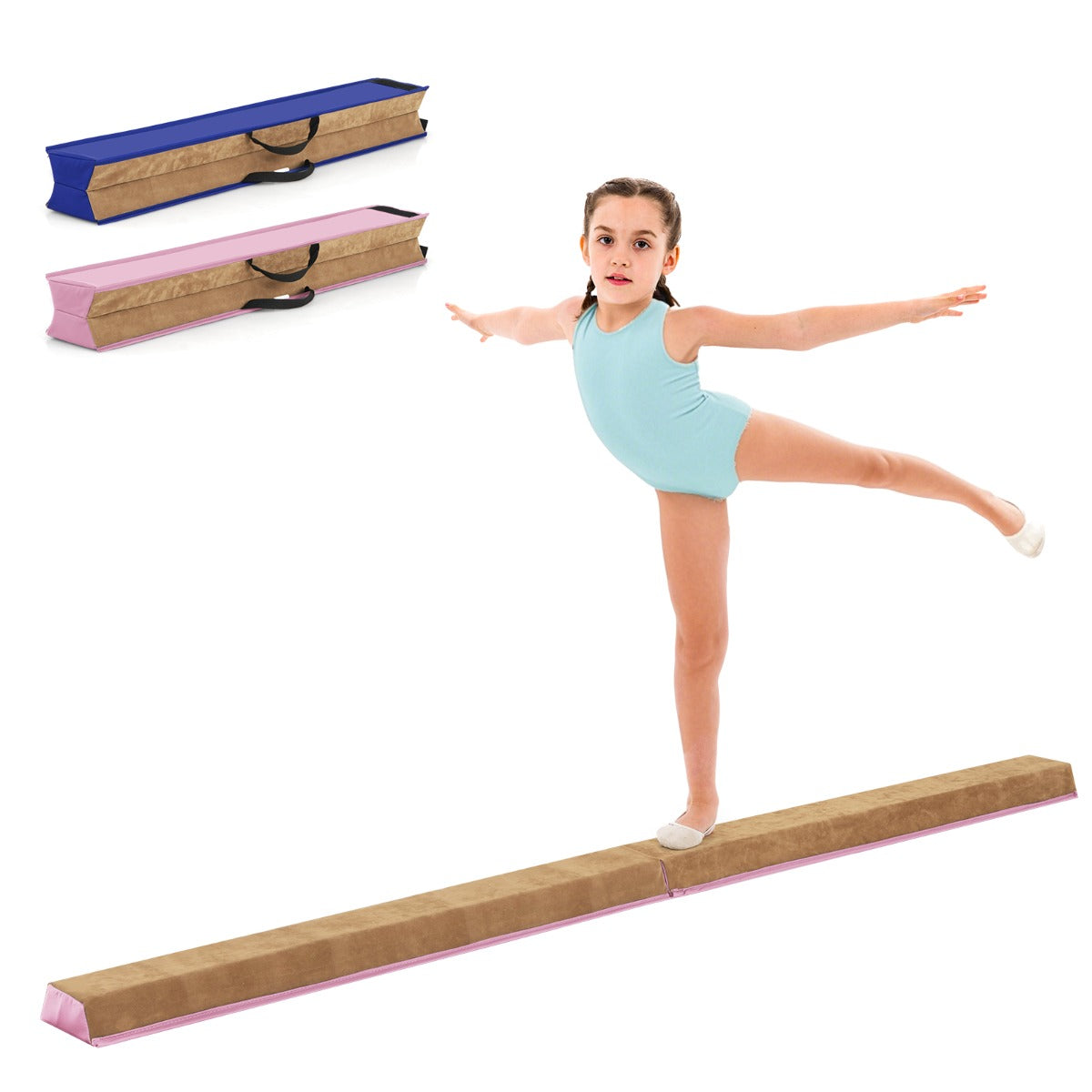Trave di equilibrio pieghevole per bambini con superficie in pelle scamosciata e schiuma, Trave ginnastica portabile Rosa-Sbarre e travi da ginnastica