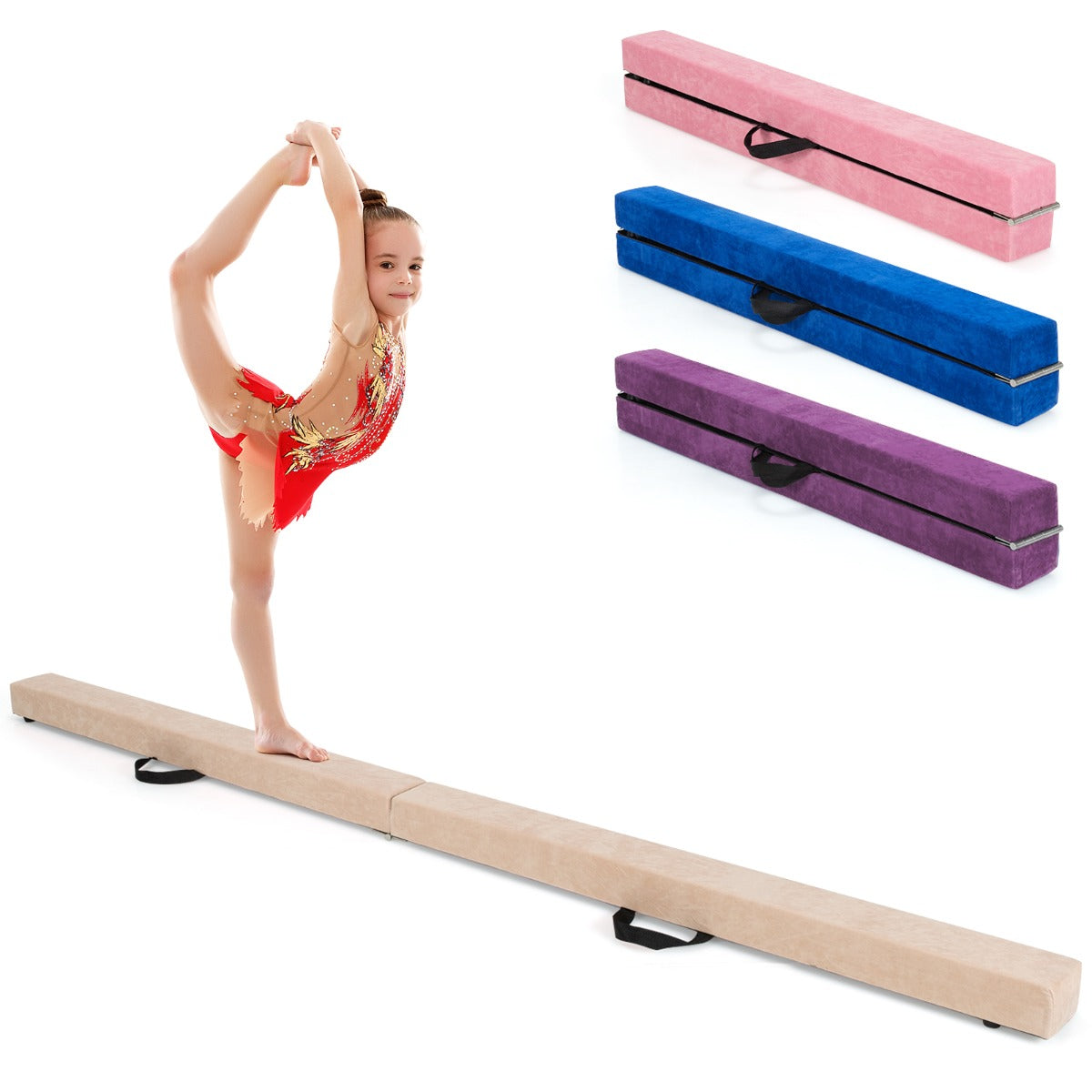 Trave da ginnastica pieghevole 210 cm con solida base di legno, Trave di equilibrio portatile con maniglie Giallo terroso-Sbarre e travi da ginnastica