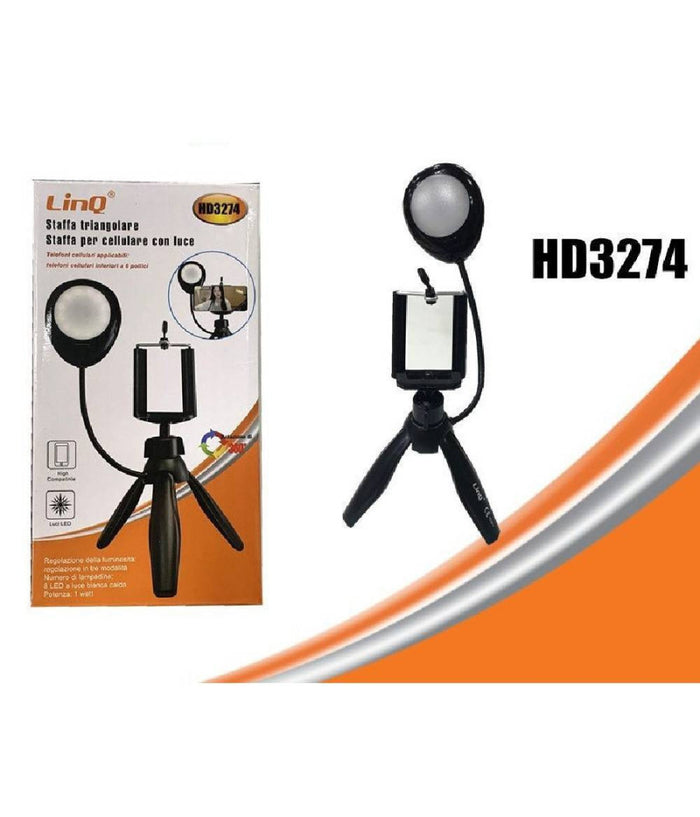 Treppiedi Da Tavolo Con Luce Led 3 Intensità  Girevole 360° Per Smartphone Hd3274         
