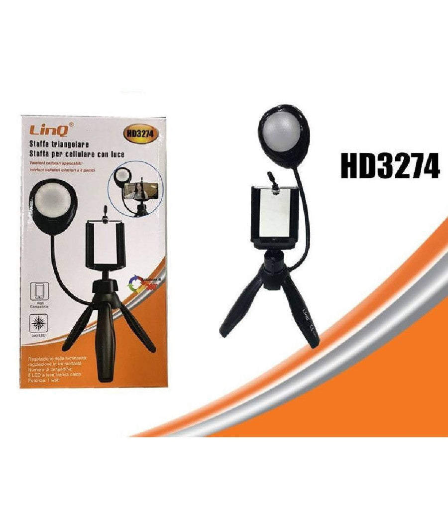 Treppiedi Da Tavolo Con Luce Led 3 Intensità  Girevole 360° Per Smartphone Hd3274         