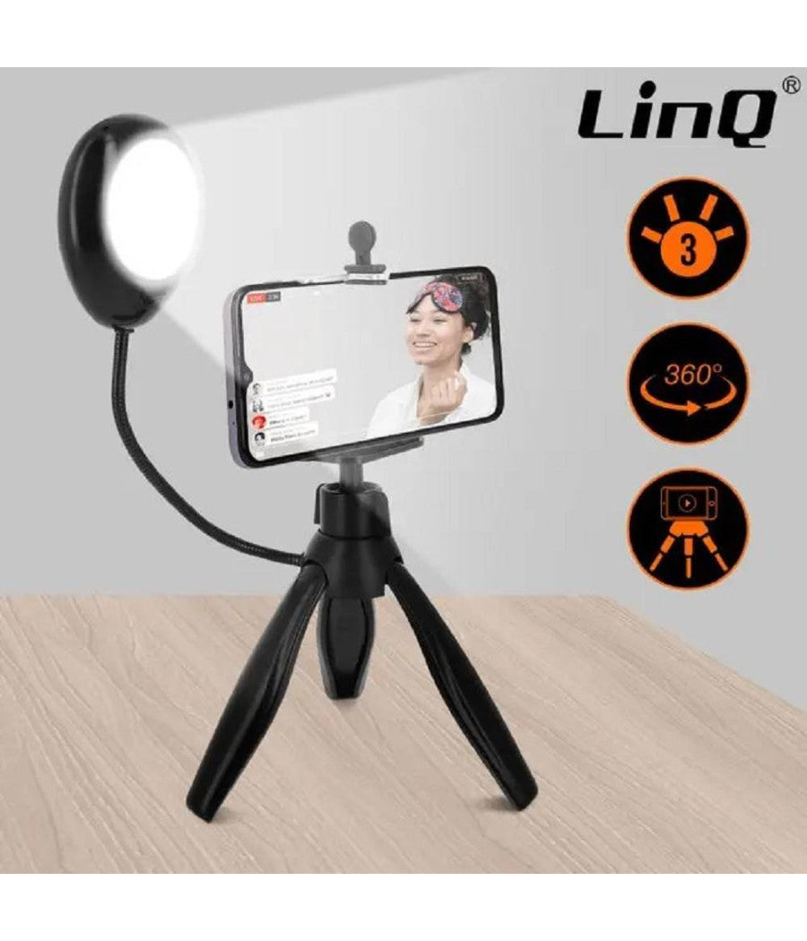 Treppiedi Da Tavolo Con Luce Led 3 Intensità  Girevole 360° Per Smartphone Hd3274         