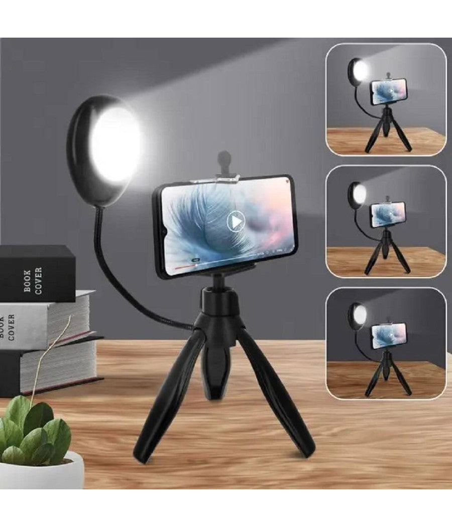 Treppiedi Da Tavolo Con Luce Led 3 Intensità  Girevole 360° Per Smartphone Hd3274         