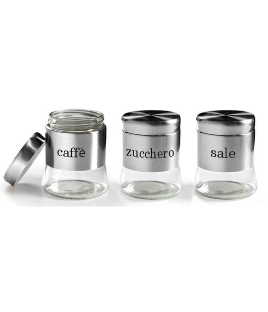 Tris Barattoli Barattolino 750ml 11x14cm Vetro Sale Zucchero Caffe 772016 Acciaio         