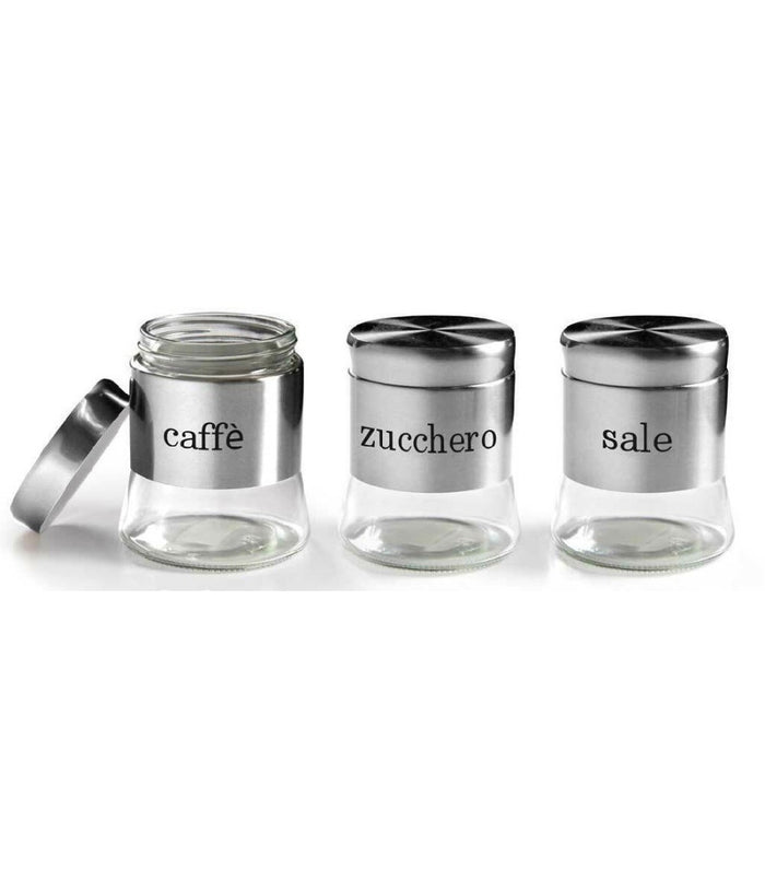 Tris Barattoli Barattolino 750ml 11x14cm Vetro Sale Zucchero Caffe 772016 Acciaio         