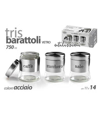 Tris Barattoli Barattolino 750ml 11x14cm Vetro Sale Zucchero Caffe 772016 Acciaio         