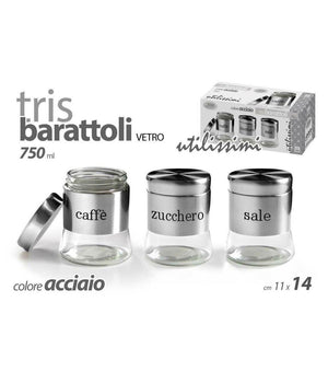 Tris Barattoli Barattolino 750ml 11x14cm Vetro Sale Zucchero Caffe 772016 Acciaio         