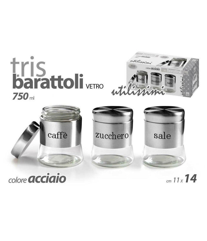 Tris Barattoli Barattolino 750ml 11x14cm Vetro Sale Zucchero Caffe 772016 Acciaio         