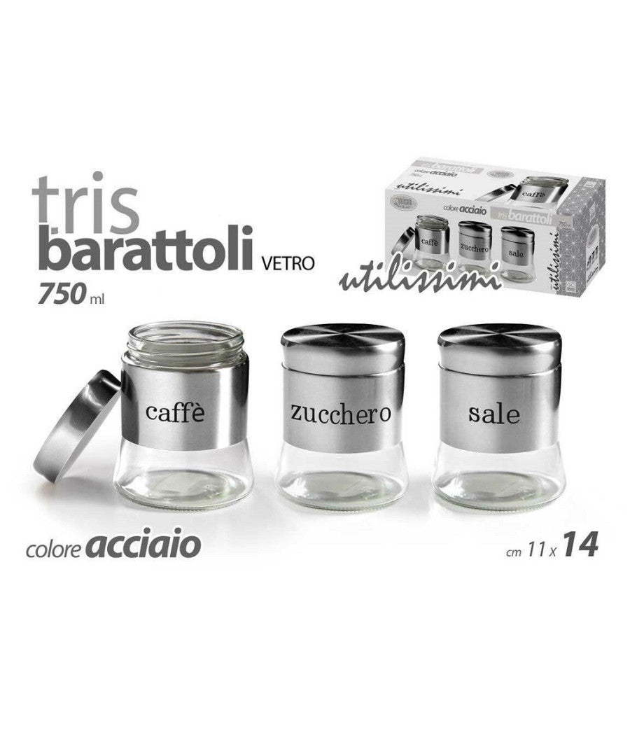 Tris Barattoli Barattolino 750ml 11x14cm Vetro Sale Zucchero Caffe 772016 Acciaio         