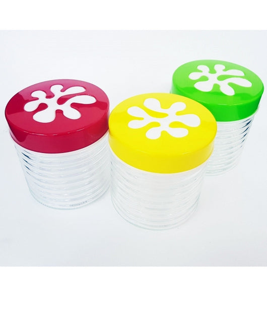 Tris Di 3 Barattoli Vetro Con Coperchio Colorato Righe Sale Zucchero Caffe' Dolci         