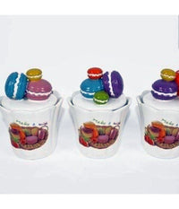 Tris Di Barattoli In Ceramica Con Tappo Decoro Di Dolci Macarons Colorati 14x10         