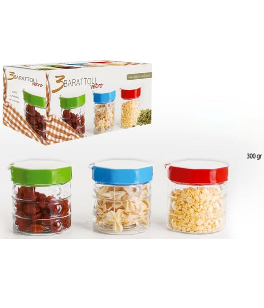 Tris Di Barattoli Vetro Con Coperchio Colorato Quadri Sale Zucchero Caffe' Dolci         