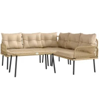 Salotto da Giardino in Rattan 2 Divanetti e Poltrona Angolare con Cuscini, Tavolino in Vetro, Colore Legno