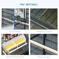 Gabbia per Uccelli da Interni in Legno con Vassoio, 4 Ruote e Trespolo, 78x52x132cm