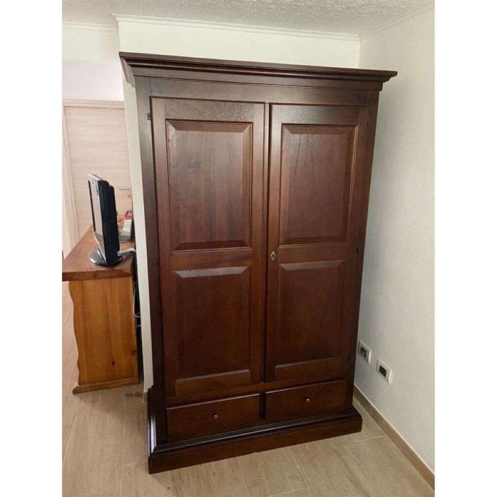 Armadio cappello dritto appendiabiti con bastone 2 ante 2 cassetti arte povera in legno colore noce 125x60x200 H