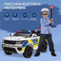 Macchina Elettrica per Bambini della Polizia, 12V Auto Elettrica per Bambini con Telecomando, Sirena Luci Attacco USB per Musica, 110x68x52cm, Bianco
