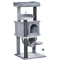Albero Tiragraffi per Gatti con Palo, Casetta, Letto, Amaca e 2 Giochi in Legno e Peluche, 48x48x107 cm, Grigio