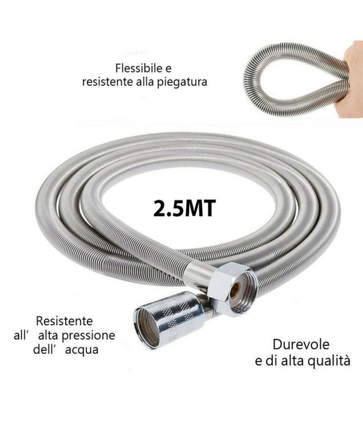 Tubo Flessibile Soffione Doccino Per Doccia Vasca Bagno 2.5mt In Acciaio Cromato         