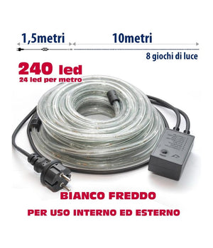 Tubo Luminoso Natalizio 10 Metri Led Bianco Freddo Con Controller 8 Funzioni         
