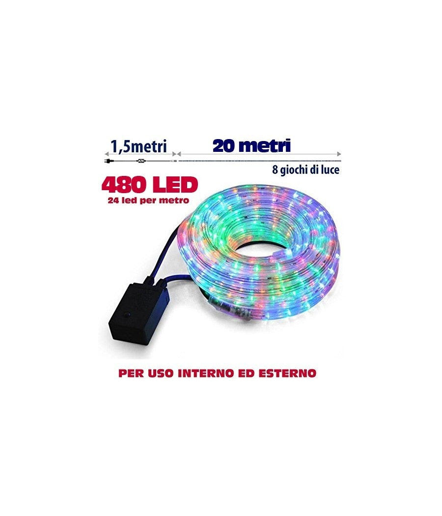 Tubo Luminoso Natalizio 20 Metri Led Multicolor Controller 8 Funzioni X Esterno         