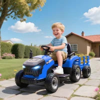 Trattore Elettrico per Bambini con Rimorchio Estraibile Batteria 12V Velocità 3-5 km/h, Telecomando 2,4G Blu