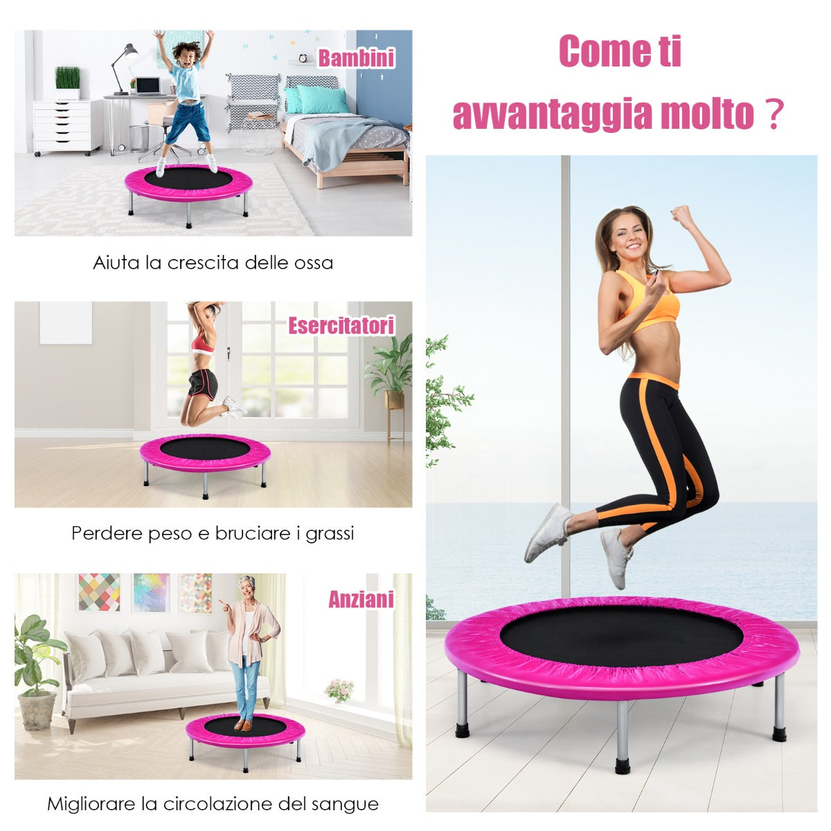 Trampolino pieghevole per bambini con carico massimo 150kg, Mini trampolino portatile per interno Rosa-Trampolini
