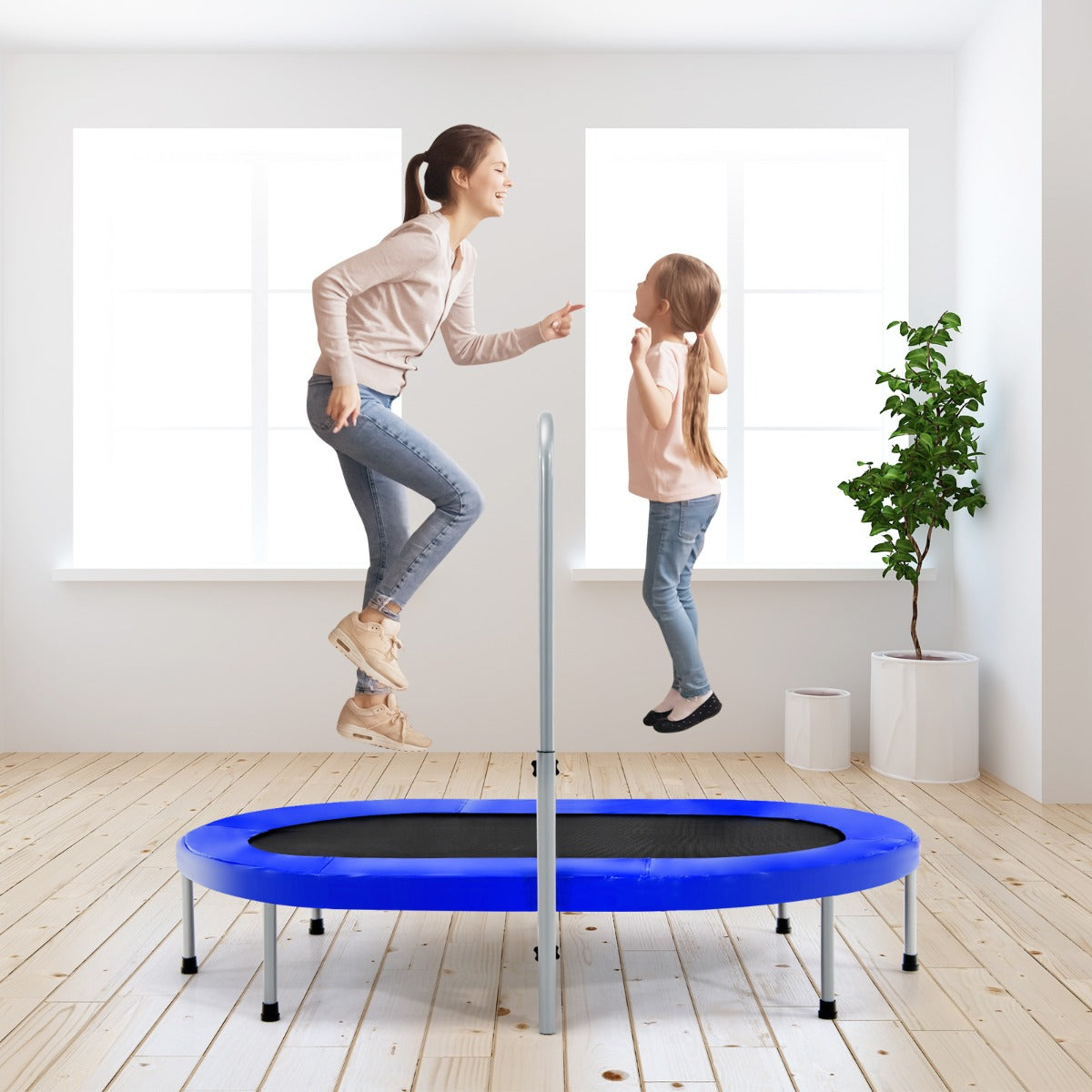 Trampolino doppio per 2 persone con maniglia e cuscinetto, Trampolino ovale pieghevole per bambini e adulti Blu-Trampolini