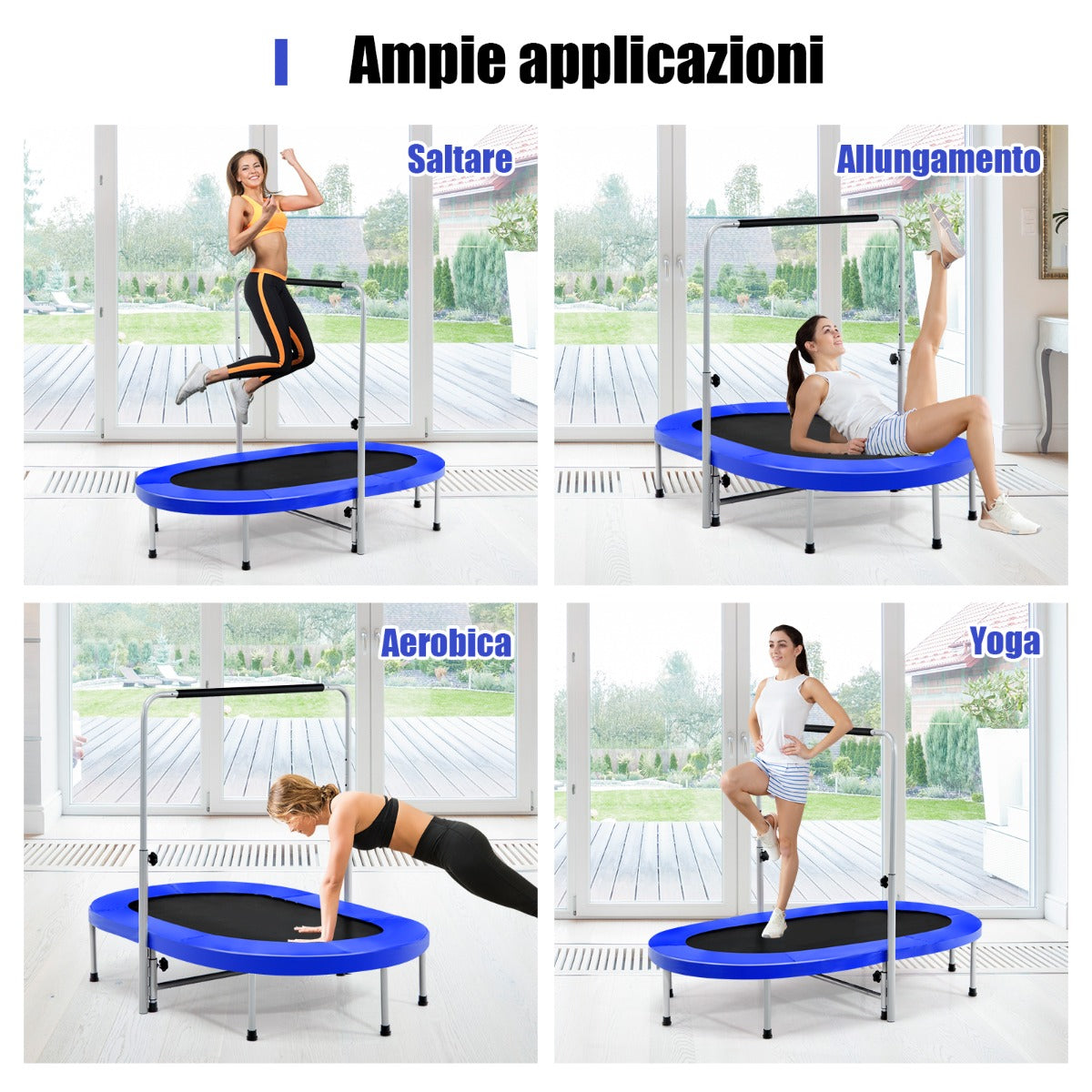 Trampolino doppio per 2 persone con maniglia e cuscinetto, Trampolino ovale pieghevole per bambini e adulti Blu-Trampolini