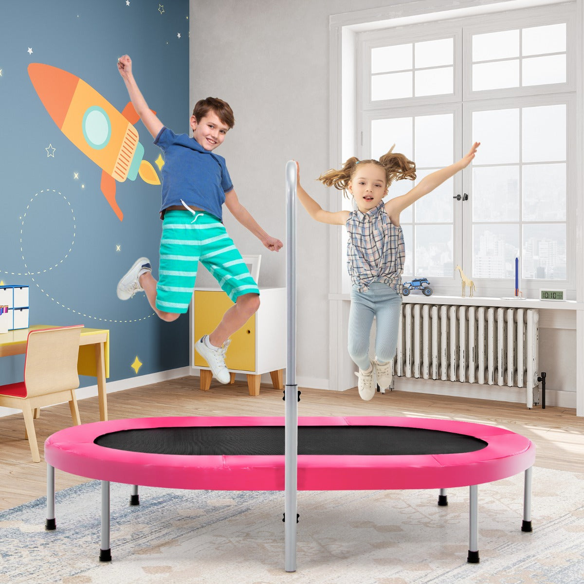 Trampolino doppio per 2 persone con maniglia e cuscinetto, Trampolino ovale pieghevole per bambini e adulti Rosa-Trampolini