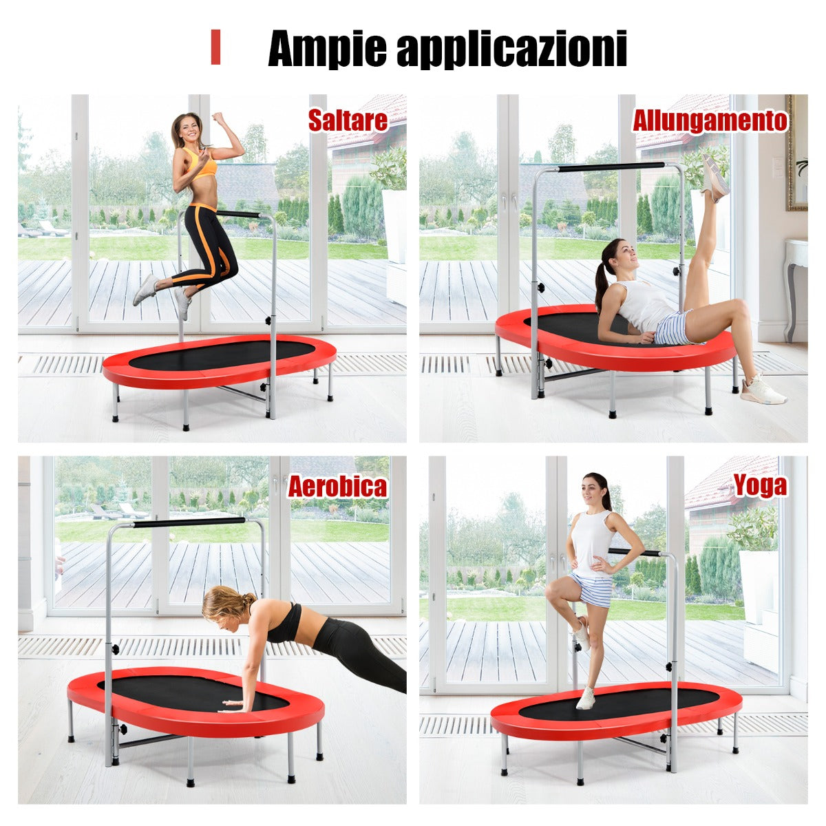 Trampolino doppio per 2 persone con maniglia e cuscinetto, Trampolino ovale pieghevole per bambini e adulti Rosso-Trampolini