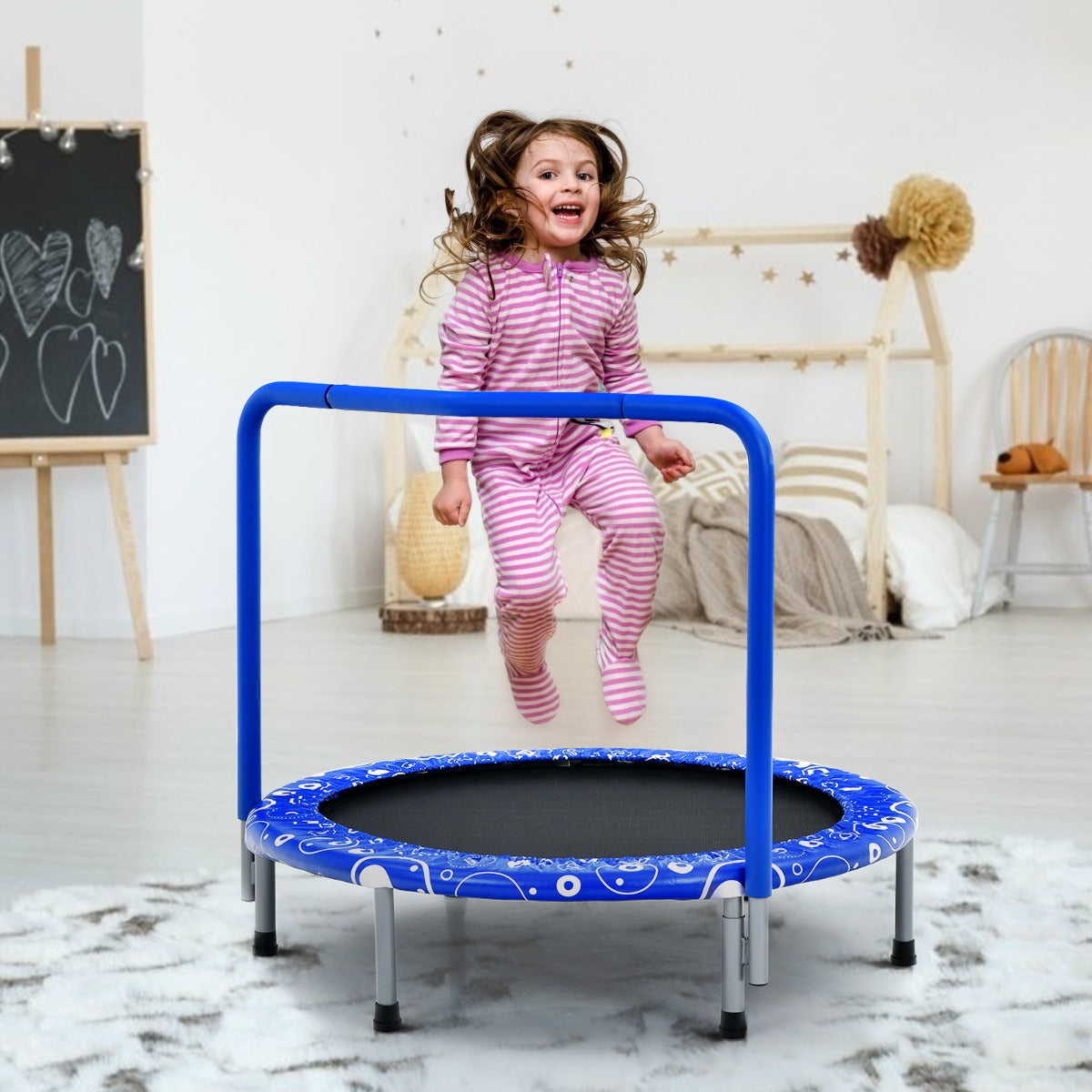 Trampolino per bambini con copertura di sicurezza e maniglia, Tappeto elastico pieghevole 92x92x80,5cm Blu-Trampolini