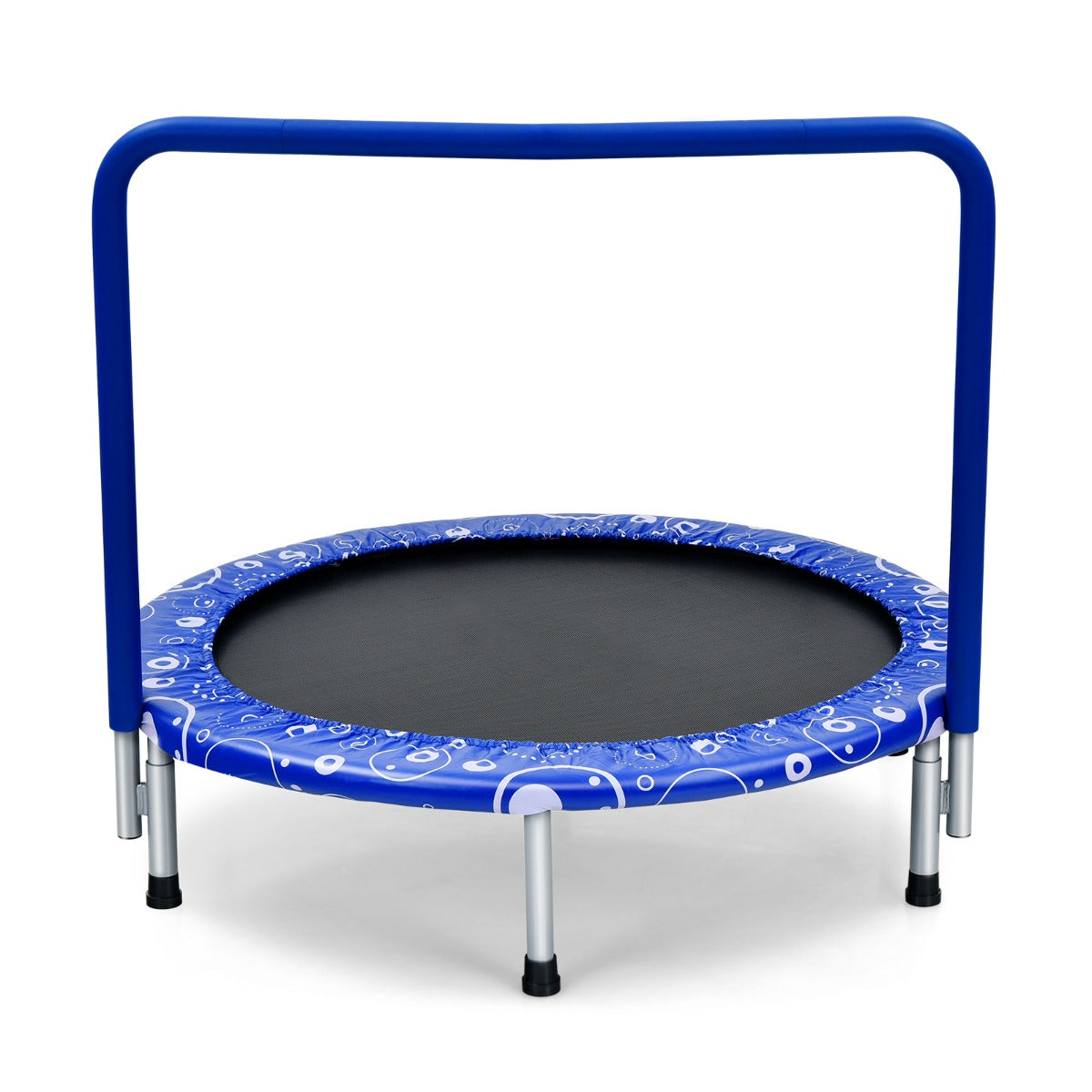 Trampolino per bambini con copertura di sicurezza e maniglia, Tappeto elastico pieghevole 92x92x80,5cm Blu-Trampolini