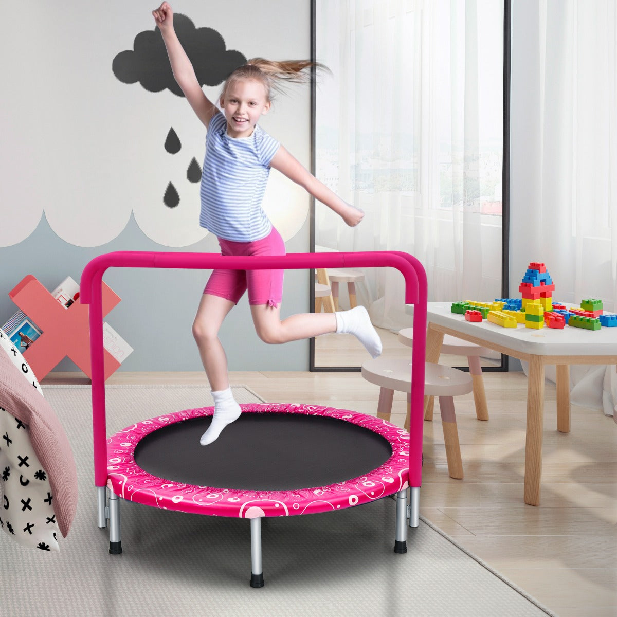 Trampolino per bambini con copertura di sicurezza e maniglia-Tappeto elastico pieghevole 92x92x80,5cm Rosa