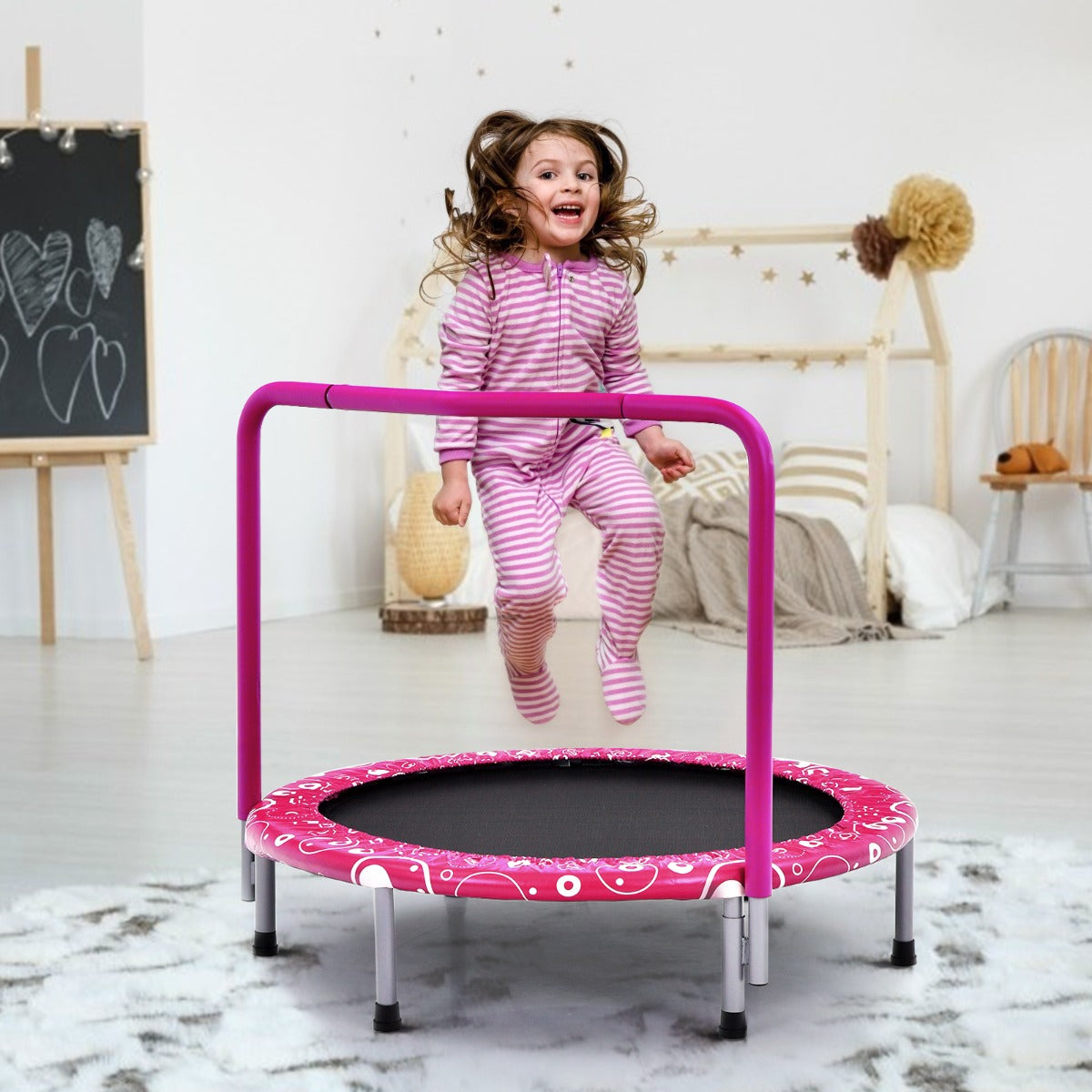 Trampolino per bambini con copertura di sicurezza e maniglia-Tappeto elastico pieghevole 92x92x80,5cm Rosa